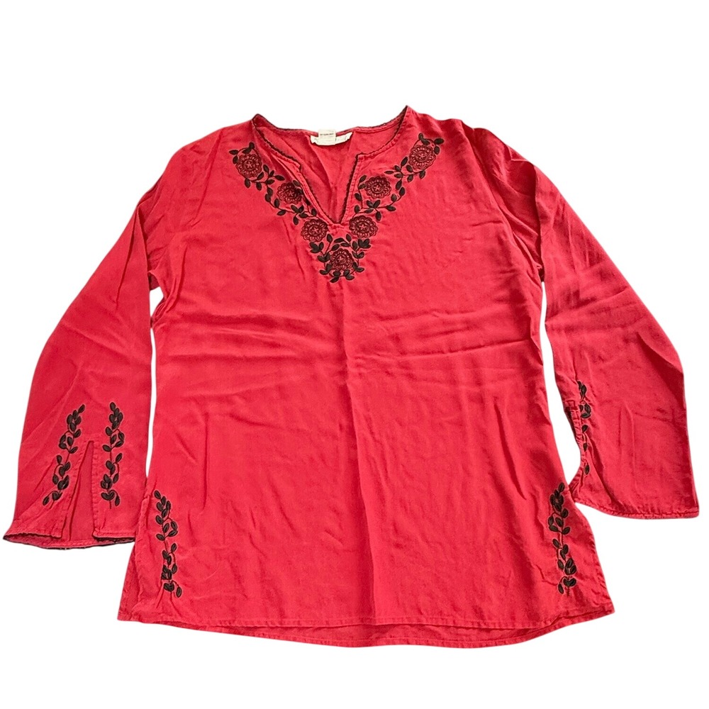 Ninety Womens XL 100% Silk Blouse Black/Red Embroidered Floral V-Neck Boho Top
